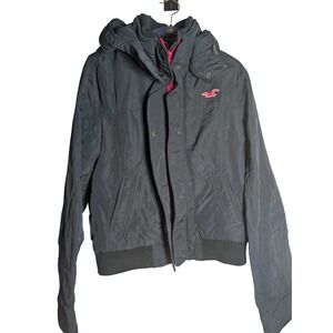 Hollister‎ Black Windbreaker Jacket Lightweight Hooded Full Zip Size Large 0327